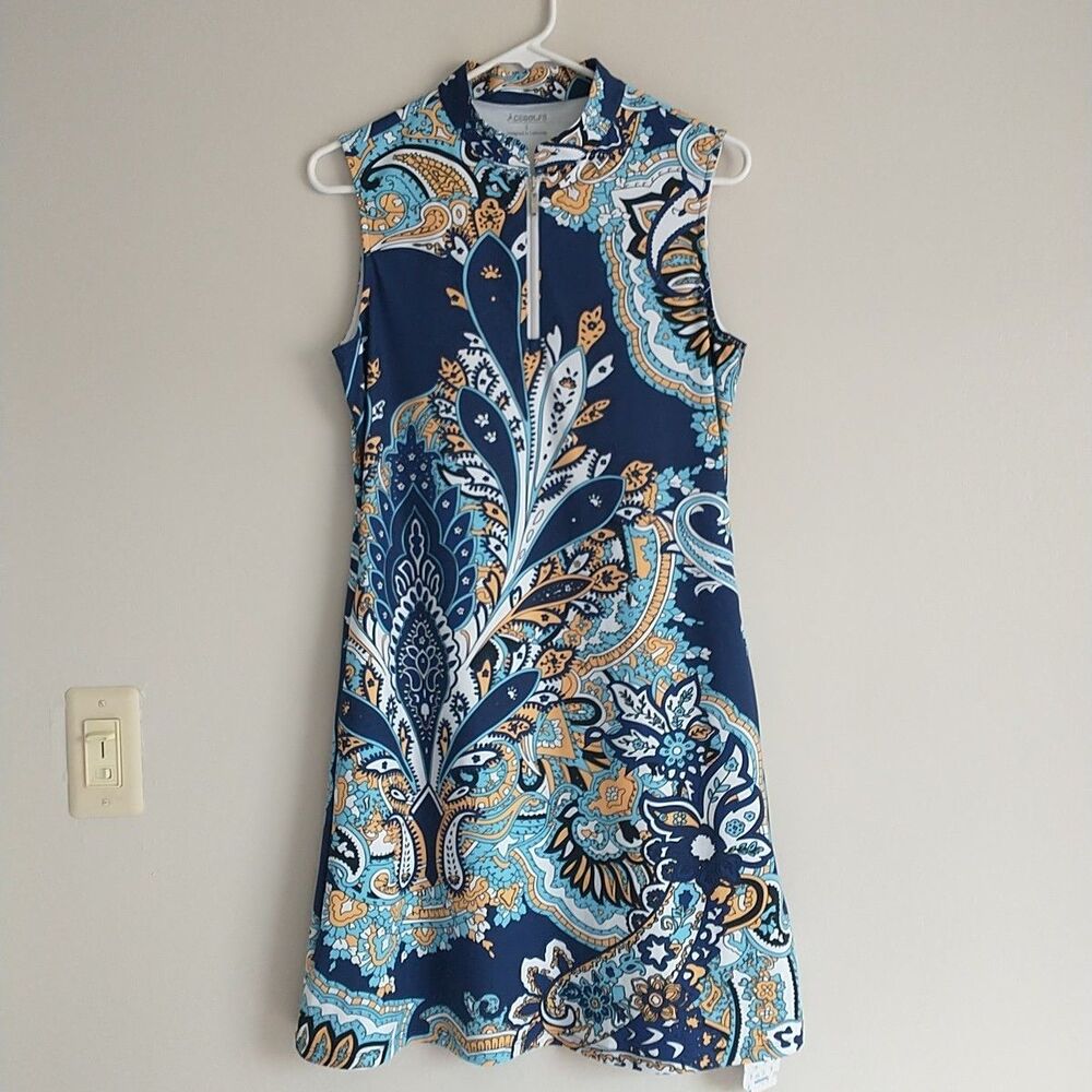 New AceGolfs Golf Dress S Blue Floral UPF 50+ Sleeveless 1/4 Zip Athleisure